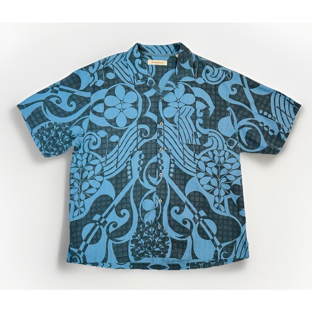 Tommy Bahama Shirt Mens Size XL Blue Floral Print Silk Hawaiian Camp Loop Collar